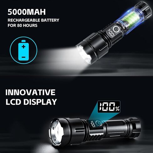 Flashlights High Lumens Rechargeable, 20,000 Lumens Super Bright Flashlight with LCD Digital Display, Zoom, 5 Modes, Waterproof, Type-C Rechargeable, Tactical Flashlight for Emergencies, Camping in Saudi Arabia