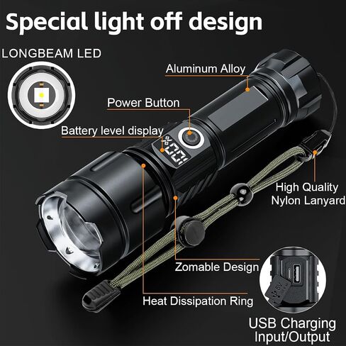 Flashlights High Lumens Rechargeable, 20,000 Lumens Super Bright Flashlight with LCD Digital Display, Zoom, 5 Modes, Waterproof, Type-C Rechargeable, Tactical Flashlight for Emergencies, Camping in Saudi Arabia