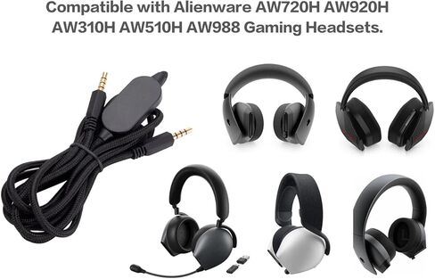 كابل صوت بديل AW720H AW920H AW310H AW510H AW988، متوافق مع سماعات الرأس Alienware، سلك جاك ستيريو ذكر 3.5 مم إلى 3.5 مم، 5.3 قدم (1.6 متر)، ميكروفون مدمج/جهاز تحكم عن بعد، أسود in Kuwait