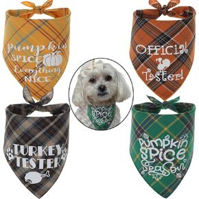 4 Pack Thanksgiving Dog Bandana, Plaid Dog Bandana, Turkey Pumpkin Dog Bandana for Boy Girl Dogs