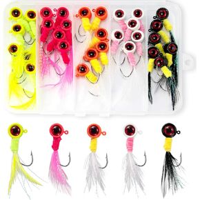 30-Pack Marabou Jigs Kit, Fishing Crappie Jigs Heads Trout Panfish Lures with Feather, Hand-Tied Hair Round Fishing Head Jig Hooks for Bass Walleye Bluegill 1/32oz 1/16oz 1/8oz 3/16oz 1/4oz