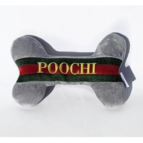 2-in-1 Plush Squeaky Dog Toy with Rubber Bone | Interactive & Enrichment Chew Toy for Dogs | Poochi Designer Parody – Grey Fashion | Durable, Stuffed & Squeaker Toy