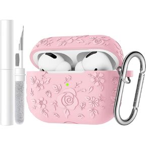 Compatible with Apple AirPods Pro 2nd Generation Case Cover/AirPod Pro Case Cover, Embossed Floral Case with Soft Silicone, Cleaning Kit, Front LED Visible, Keychain, Baby Pink