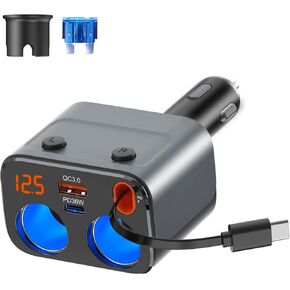 Retractable Car Charger, 180W 2-Socket Cigarette Lighter Splitter QC 3.0 and PD36W and Retractable PD 30W Lightning Cable with Separate Switch LED Voltmeter Replaceable 15A Fuse for GPS/Dash Cam/Phone