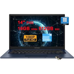 ASUS VivoBook 14 Business Laptop | 14" FHD Anti-Glare | Intel Hexa-core i3-1215U (>i7-1165G7) | 16GB DDR4 512GB SSD | USB-C Privacy Webcam SonicMaster Win11Pro Blue + HDMI Cable