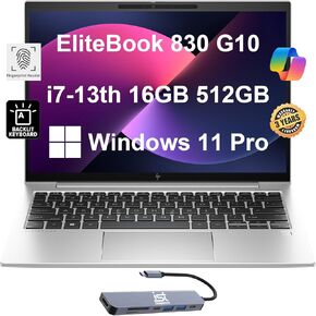 HP EliteBook 830 G10 Business Laptop (13.3" FHD+, Intel Core i7-1365U, 16GB DDR5 RAM, 512GB SSD) Long Battery Life, Backlit, Fingerprint, 5MP Webcam, 3-Yr Warranty, IST HUB, Win 11 Pro w/AI Copilot