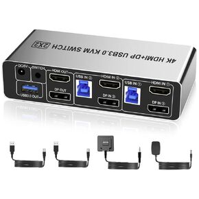 HDMI Displayport KVM Switch 2 Monitors 2 Computers 4K 60Hz Dual Monitor, 4 USB 3.0 Ports HDMI Displayport KVM Switcher for 2 PCs Sharing Keyboard Mouse Printer Scanner Supports Extended/Copy Mode