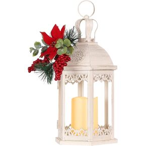DECORKEY Christmas Decorations, 16" Metal Christmas Lantern with LED Candle and Floral Accents for Home Decor, Decorative Hanging Candle Holder Indoor Outdoor for Table Centerpieces, Porch, Patio