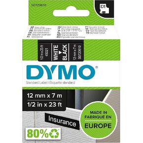 Dymo D1 Standard Labelling Tape 12mm x 7m - White on Black