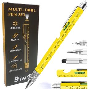 9 in 1 Multitool Pen, Stocking Stuffers Gifts Unique Christmas Birthday Multi Tool Pen for Men Dad Husband Who Have Everything, Cool Gadgets Pocket Multi Tool (Yellow)