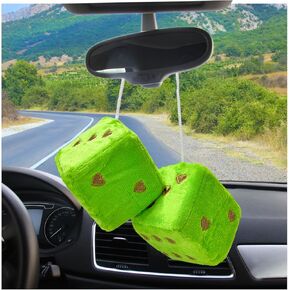2 PCS Fuzzy Plush Dice for Car Mirror, 3" Soft Retro Square Heart-Shape Rearview Mirror Ornament, Universal Interior Hanging Dice Decor Accessories for Women (Yellow)