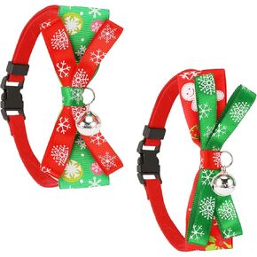 2 Pack Xmas Pet Collar, Adjustable Christmas Cat Collar with with Double-Deck Bowtie Jingle Bell, Xmas Pattern Neck Ring | Cute Fashion Nylon Bow Tie for Small Pet Cat Puppy