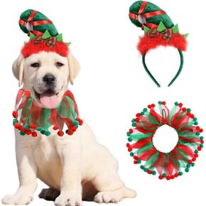 2PCS Dog Cat Christmas Costume Christmas Collar and Elf Headband Christmas Red and Green Collar Costume for Puppy Kitty Christmas Pet party Dress Xmas Set Clothes (A)