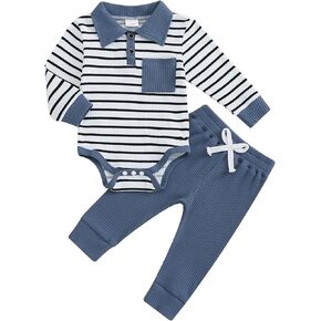 Newborn Baby Boy Clothes Ribbed Long Sleeve Striped Romper + Solid Color Long Pants Sets 2Pcs Fall Winter Outfits in Kuwait