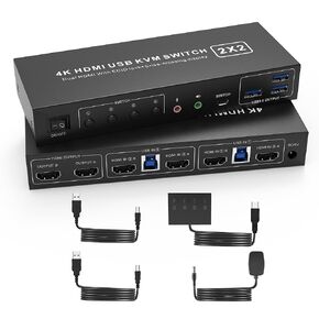 USB 3.0 HDMI KVM Switch 2 Montiors 2 Computers, 4K@60Hz KVM Switch Dual Monitor with 3 USB 3.0 Ports and Audio, 2 Port KVM Switch with Dual Monitor Cross Display for 2 Computers