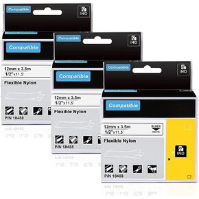 18488 Rhino Flexible Nylon Label Tapes 1/2" Replacement for DYMO Rhino 4200 5000 5200 6000 Label Makers, a18488 Flexible Nylon Cable Industrial Label Tapes, Black on White, 12mm x 3.5m, 3 Packs