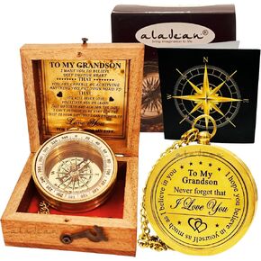 Gift for Grandson from Grandpa Grandma - Grandson's Divine Path Finder Compass Engraved Sentimental Quote of Trust Wisdom Guidance, Greeting, Wood Box, Uplifting Gift