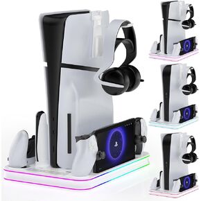 PS5/PS5 Slim Stand and Cooling Station with RGB LED Controller Charging Station for PlayStation 5, Charging Dock for PS5 Edge Controller and PS Portal PS5/PS5 Slim Accessories with 3 Level Cooling Fan