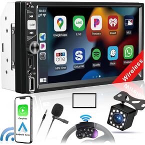 Double Din Car Stereo,Dykucic 7 Inch Wireless Carplay Car Stereo with Apple CarPlay & Android Auto,Touchscreen with Backup Camera FM Bluetooth Multimedia Player Car Radio