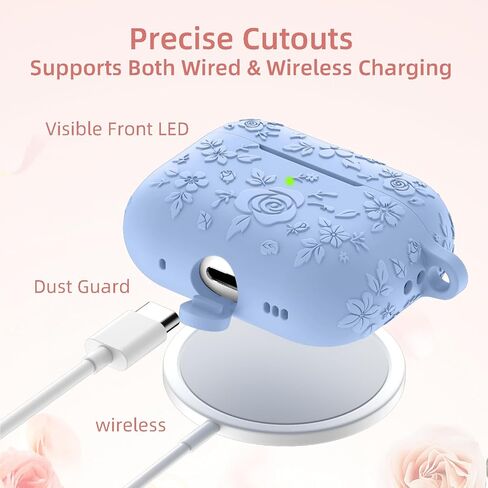 متوافق مع غطاء حافظة Apple AirPods Pro الجيل الثاني/غطاء حافظة AirPod Pro، حافظة زهور منقوشة مع سيليكون ناعم، مجموعة تنظيف، شاشة LED أمامية مرئية، سلسلة مفاتيح، وردي فاتح in Kuwait