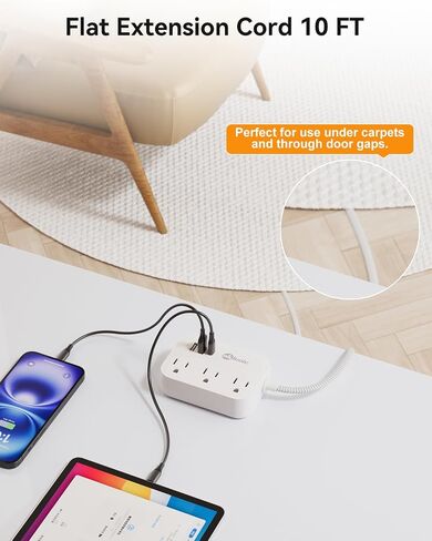 قطاع طاقة مسطح مع منافذ USB، سلك تمديد مسطح 3 أقدام مع 3 منافذ تيار متردد 3 منافذ USB، موسع مخرج سلك تمديد قصير مع عدم وجود واقي من زيادة التيار لسفينة الرحلات البحرية، أساسيات السفر في غرفة النوم in Kuwait