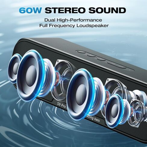 S9 PRO Bluetooth Speaker, 60W Stereo Sound, Punchy Bass, 22H Playtime, IPX6 Waterproof, DSP Technology, Bluetooth 5.3, TWS and AUX Pairing, for Home/Party/Outdoor/Travel/Gift (Black) in Saudi Arabia