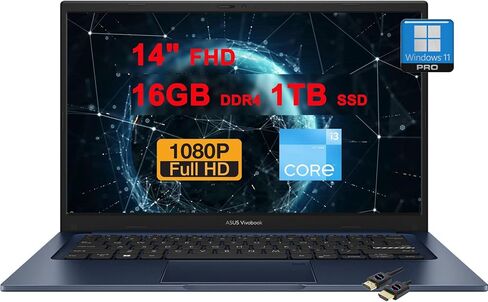 ASUS VivoBook 14 Business Laptop | 14" FHD Anti-Glare | Intel Hexa-core i3-1215U (>i7-1165G7) | 16GB DDR4 512GB SSD | USB-C Privacy Webcam SonicMaster Win11Pro Blue + HDMI Cable in Saudi Arabia