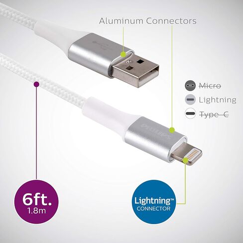 Philips Elite USB-A to Lightning Charging Cable, 6ft. Cord, for iPhone 12/11/Pro/Max/XS/XR/X/8, iPad, iPad Mini, iPad Air, White, Braided, DLC6206V/37 in Saudi Arabia