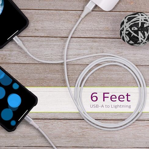 Philips Elite USB-A to Lightning Charging Cable, 6ft. Cord, for iPhone 12/11/Pro/Max/XS/XR/X/8, iPad, iPad Mini, iPad Air, White, Braided, DLC6206V/37 in Saudi Arabia
