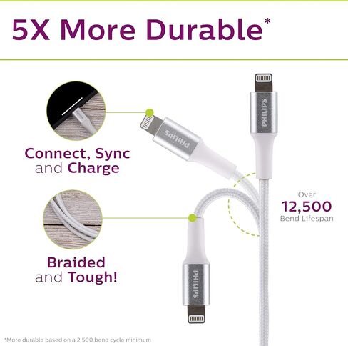 Philips Elite USB-A to Lightning Charging Cable, 6ft. Cord, for iPhone 12/11/Pro/Max/XS/XR/X/8, iPad, iPad Mini, iPad Air, White, Braided, DLC6206V/37 in Saudi Arabia