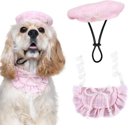 HOWWFALY Pet Princess Costume Halloween Christmas Costumes Cat Birthday Outfit Cat Apparel Dog Party Costumes with Pearl Bowtie Beret Hat Lace Bandana Scarf (Pink) in Saudi Arabia