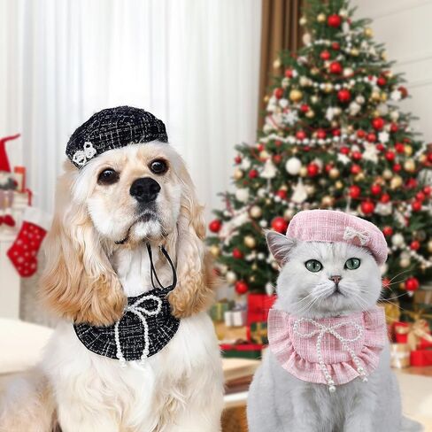 HOWWFALY Pet Princess Costume Halloween Christmas Costumes Cat Birthday Outfit Cat Apparel Dog Party Costumes with Pearl Bowtie Beret Hat Lace Bandana Scarf (Pink) in Saudi Arabia