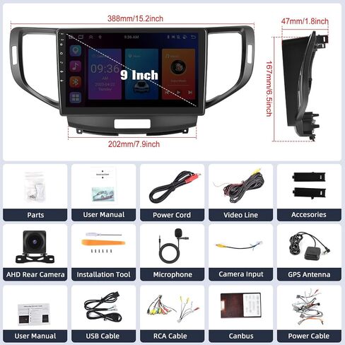 SIXWIN Android 13 4G+64G Car Stereo for Honda Spirior 2009-2013/Honda Accord 2008-2012/Acura TSX 2008-2012 9 Inch with CarPlay Android Auto Bluetooth Weather Forecast 59UI GPS WiFi Network Radio 32EQ in Saudi Arabia