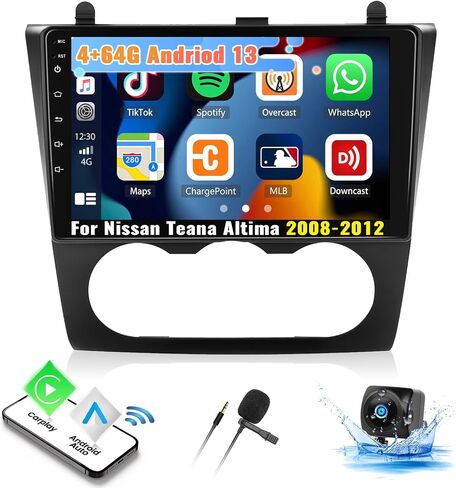 UNITOPSCI 4G+64G 8Core Android 13 ستيريو سيارة لنيسان Teana Altima 2008-2012 لاسلكي Apple CarPlay Android Auto 9 بوصة شاشة لمس بلوتوث 5.0 GPS Navi DSP Mirror Link WiFi FM/RDS SWC + ميكروفون الكاميرا in Saudi Arabia