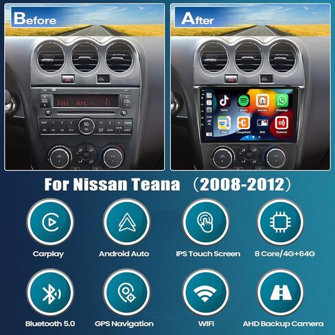 UNITOPSCI 4G+64G 8Core Android 13 ستيريو سيارة لنيسان Teana Altima 2008-2012 لاسلكي Apple CarPlay Android Auto 9 بوصة شاشة لمس بلوتوث 5.0 GPS Navi DSP Mirror Link WiFi FM/RDS SWC + ميكروفون الكاميرا in Saudi Arabia