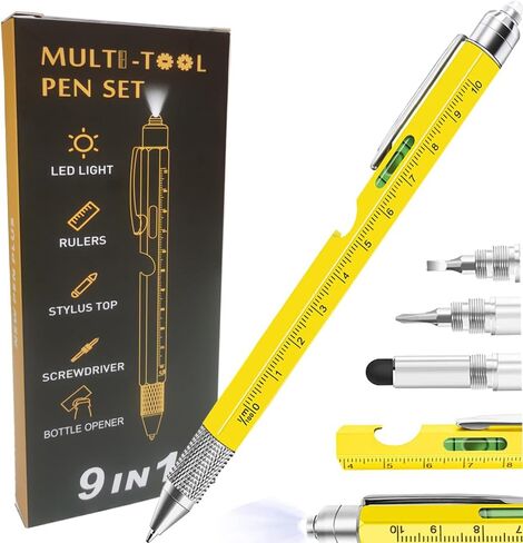 9 in 1 Multitool Pen, Stocking Stuffers Gifts Unique Christmas Birthday Multi Tool Pen for Men Dad Husband Who Have Everything, Cool Gadgets Pocket Multi Tool (Yellow) in Saudi Arabia
