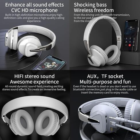 Wireless Bluetooth Headphones over The Ear with Mic, 2-core V5.0 Lossless, 24hrs Playtime for Gym Men Women PC Cellphones (White), 2A537-H3 in Saudi Arabia