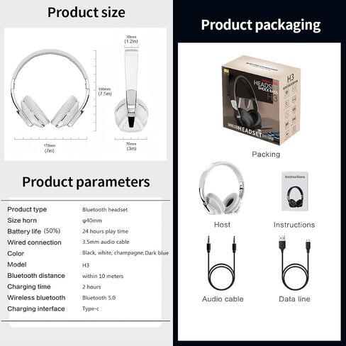 Wireless Bluetooth Headphones over The Ear with Mic, 2-core V5.0 Lossless, 24hrs Playtime for Gym Men Women PC Cellphones (White), 2A537-H3 in Saudi Arabia