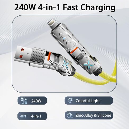 4-in-1 USB-C Cable, 240W PD 5A Fast Charging Cable & Data Sync, Colorful Breath Light Silicone Charger Cord with Type C/USB A for Laptop iPhone iPad MacBook Samsung ect-5ft (Yellow) in Kuwait