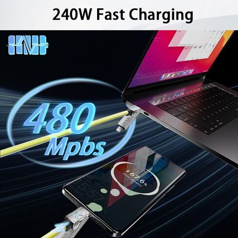 4-in-1 USB-C Cable, 240W PD 5A Fast Charging Cable & Data Sync, Colorful Breath Light Silicone Charger Cord with Type C/USB A for Laptop iPhone iPad MacBook Samsung ect-5ft (Yellow) in Kuwait