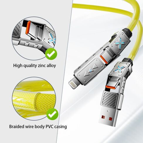 4-in-1 USB-C Cable, 240W PD 5A Fast Charging Cable & Data Sync, Colorful Breath Light Silicone Charger Cord with Type C/USB A for Laptop iPhone iPad MacBook Samsung ect-5ft (Yellow) in Kuwait