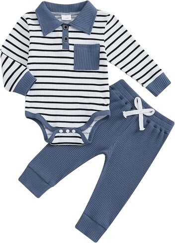 Newborn Baby Boy Clothes Ribbed Long Sleeve Striped Romper + Solid Color Long Pants Sets 2Pcs Fall Winter Outfits in Kuwait