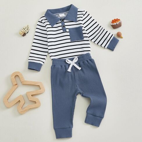 Newborn Baby Boy Clothes Ribbed Long Sleeve Striped Romper + Solid Color Long Pants Sets 2Pcs Fall Winter Outfits in Kuwait