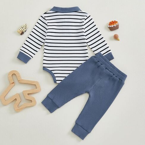 Newborn Baby Boy Clothes Ribbed Long Sleeve Striped Romper + Solid Color Long Pants Sets 2Pcs Fall Winter Outfits in Kuwait