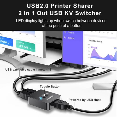 مفتاح مشاركة USB 2.0 لأجهزة كمبيوتر وأجهزة طرفية متعددة، مفتاح USB 2.0 KVM، يتضمن كابلي طابعة USB (1 متر) (مع كابلات طابعة LED + 2 USB) in Saudi Arabia