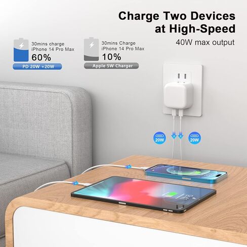 [معتمد من MFi] شاحن iPhone 14 13 سريع، محول طاقة مدمج بمنفذ USB-C مزدوج بقدرة 40 واط، شاحن حائط سريع قابل للطي مع 2 حزمة بطول 6.6FT USB-C إلى سلك شحن Lightning لهاتف iPhone 13/12/11Pro/XR/X/8 in Kuwait