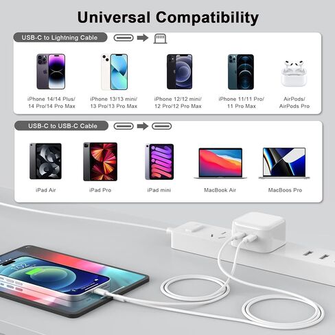 [معتمد من MFi] شاحن iPhone 14 13 سريع، محول طاقة مدمج بمنفذ USB-C مزدوج بقدرة 40 واط، شاحن حائط سريع قابل للطي مع 2 حزمة بطول 6.6FT USB-C إلى سلك شحن Lightning لهاتف iPhone 13/12/11Pro/XR/X/8 in Kuwait