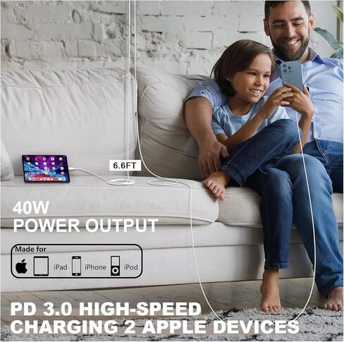 [معتمد من MFi] شاحن iPhone 14 13 سريع، محول طاقة مدمج بمنفذ USB-C مزدوج بقدرة 40 واط، شاحن حائط سريع قابل للطي مع 2 حزمة بطول 6.6FT USB-C إلى سلك شحن Lightning لهاتف iPhone 13/12/11Pro/XR/X/8 in Kuwait