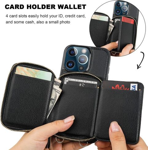 Bocasal RFID Blocking Wallet Case for iPhone 13 Pro, Adjustable Crossbody Zipper Purse Case Card Holder with Kickstand Detachable Wrist Strap, PU Leather Flip Folio Case 6.1 Inch 5G (Black) in Saudi Arabia