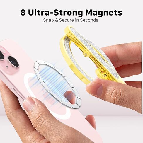 حامل حلقة هاتف مغناطيسي مع مسند قابل للتعديل، متوافق مع تصميم بروش iPhone مع سطح لامع، يتضمن حلقة محول لجميع موديلات الهاتف ذهبي معدني وفضي لامع in Saudi Arabia
